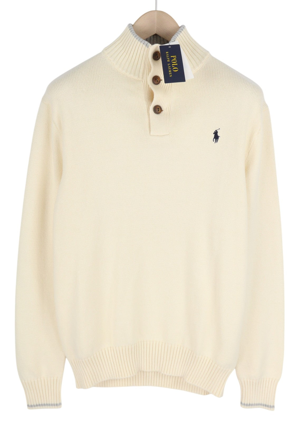 RALPH LAUREN Men Jumper M Ivory Half Button Neck Knitted Embroidered Logo