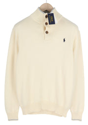 RALPH LAUREN Men Jumper M Ivory Half Button Neck Knitted Embroidered Logo