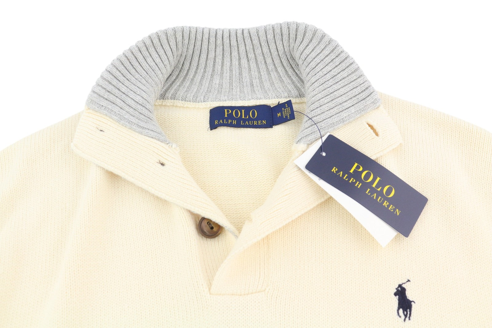 RALPH LAUREN Men Jumper M Ivory Half Button Neck Knitted Embroidered Logo