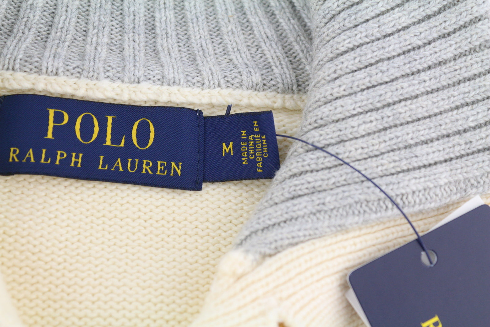 RALPH LAUREN Men Jumper M Ivory Half Button Neck Knitted Embroidered Logo