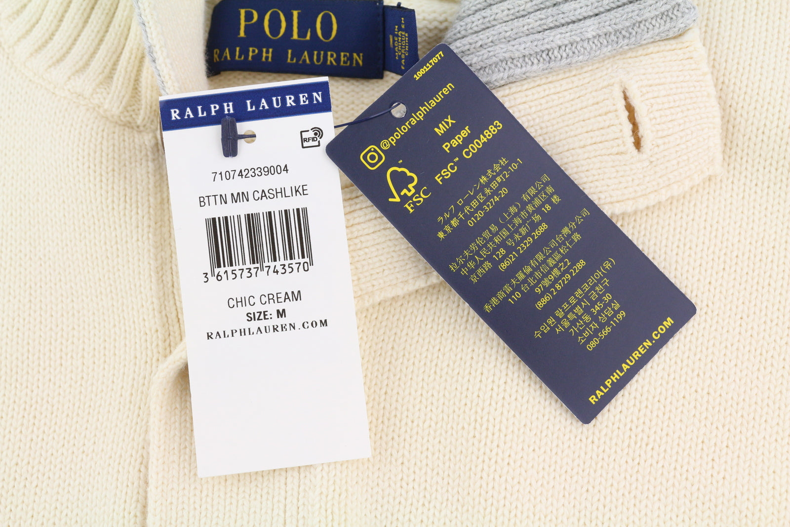 RALPH LAUREN Men Jumper M Ivory Half Button Neck Knitted Embroidered Logo