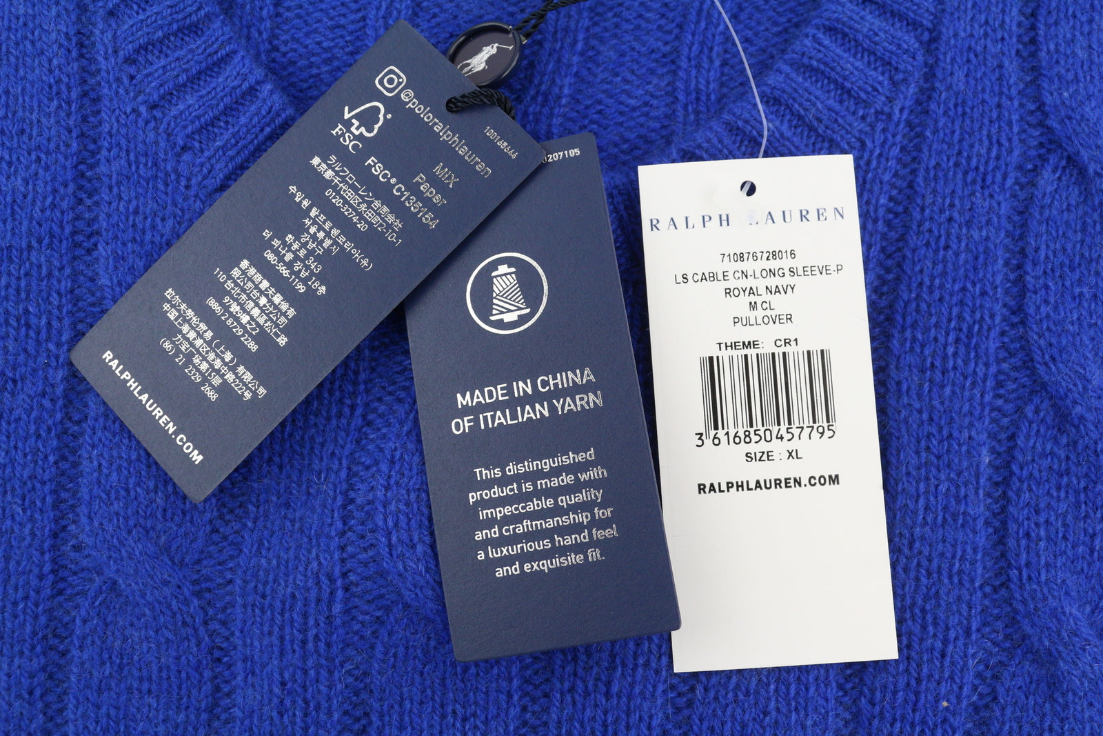 RALPH LAUREN Cashmere Men Jumper XL Blue Pullover Cable-Knit Logo RRP€549