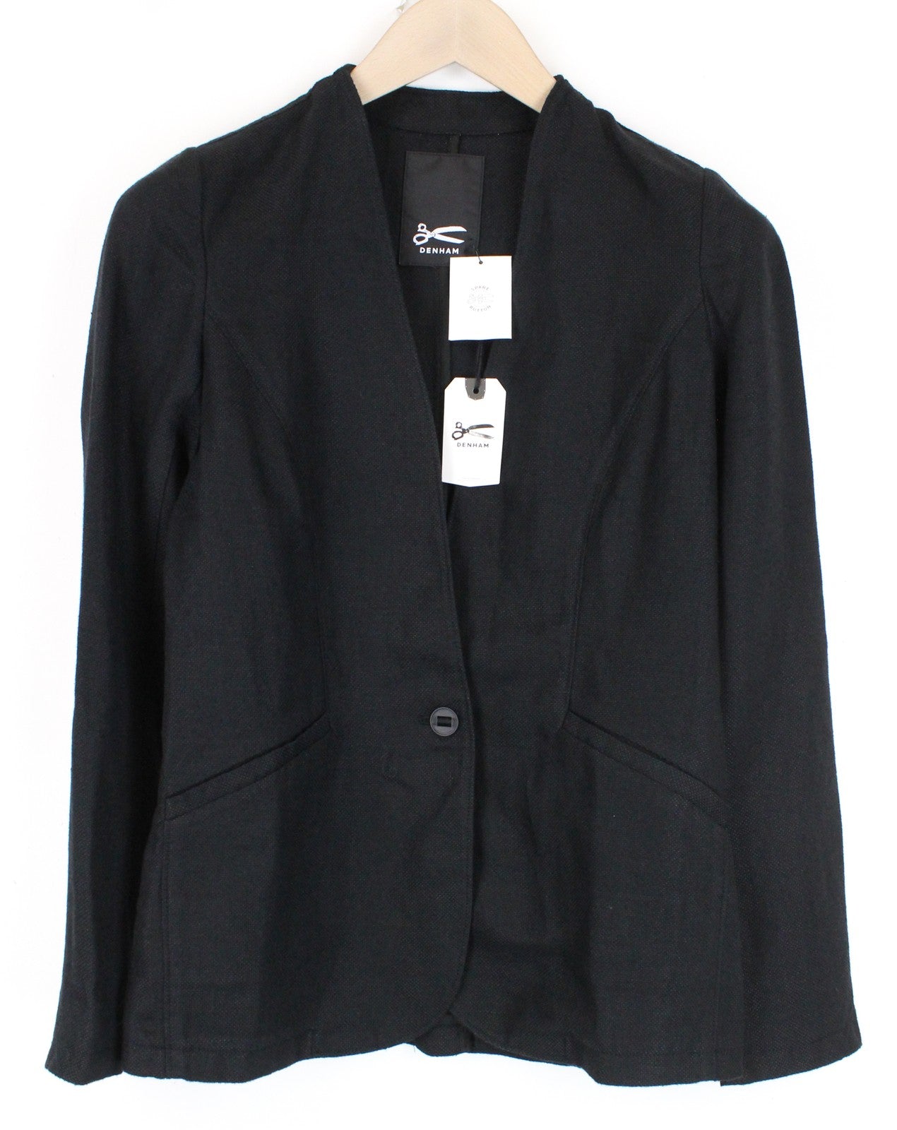 DENHAM Compass XS Women Blazer Collared Twill Black Plain One-Button Linen Blend
