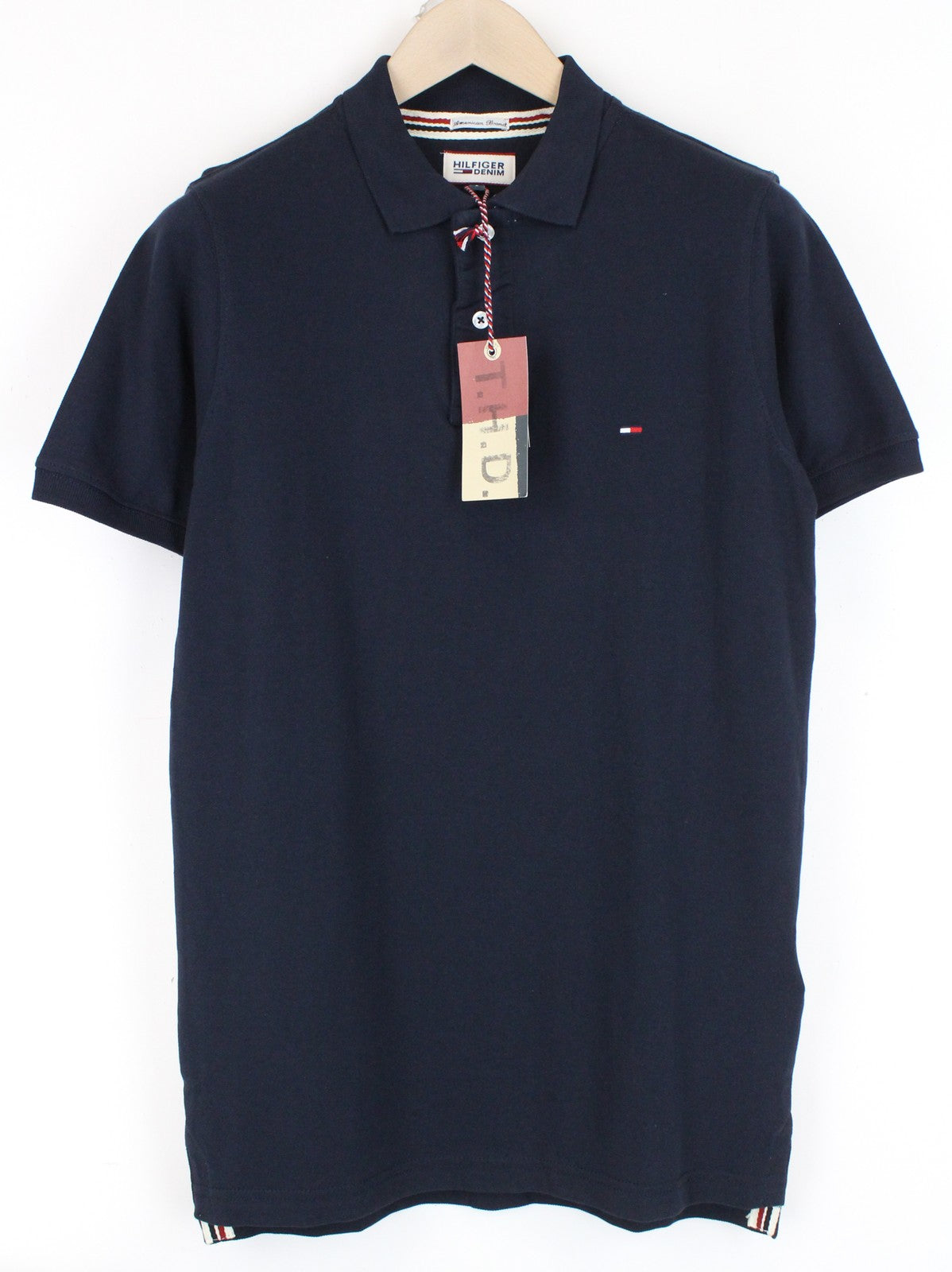 TOMMY HILFIGER Denim S Men T-Shirt Navy Collared Logo Embroidered Polo Style