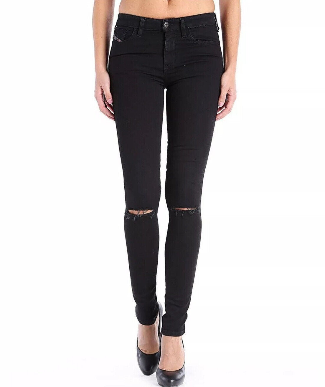 DIESEL Skinzee 08E13 W26/L30 Women Jeans Super Slim Skinny Black Distressed