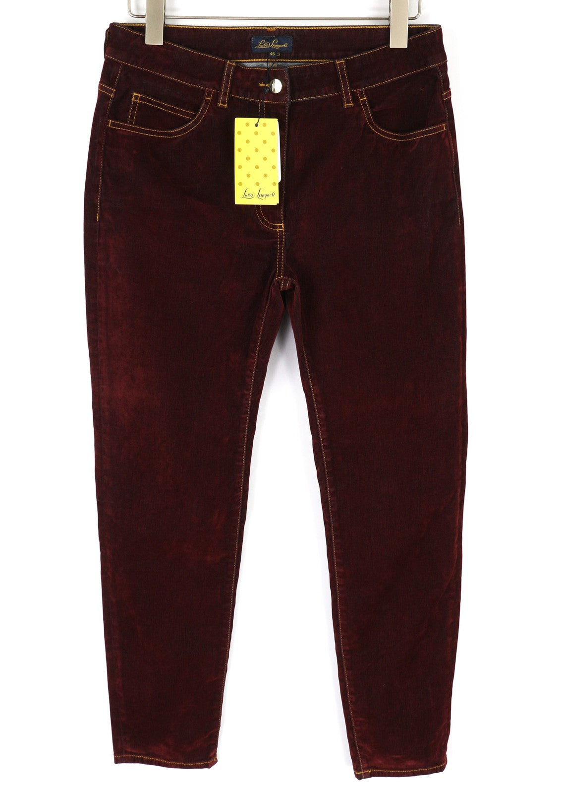 LUISA SPAGNOLI Obelix Womens Trousers 46 Dark Burgundy Slim  Zip Velour
