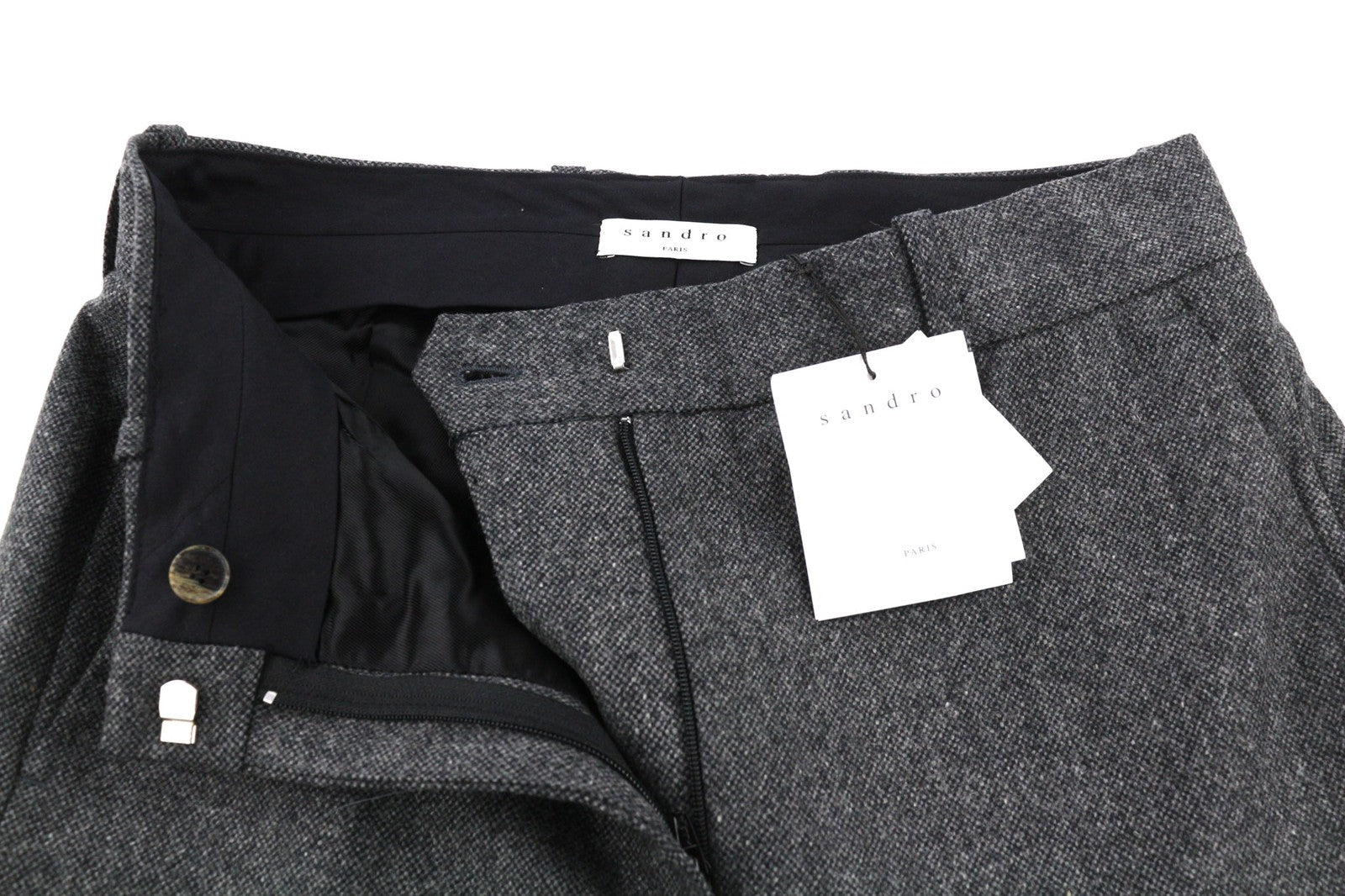 SANDRO Loi Gris Womens Trousers 36 Melange Virgin Wool  Zip Tapered