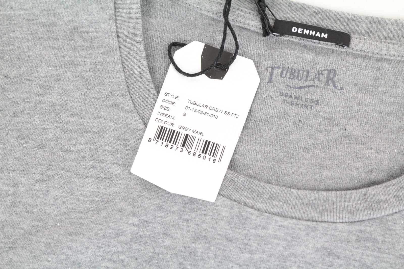 DENHAM Tubular S Men T-Shirt Jersey Mid-Grey Melange Crew Neck Cotton Classic