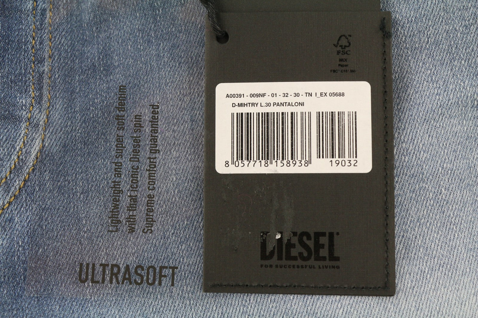 DIESEL D-Mihtry 009NF Men Jeans W32/L30 Blue Washed Straight  Stretch Button