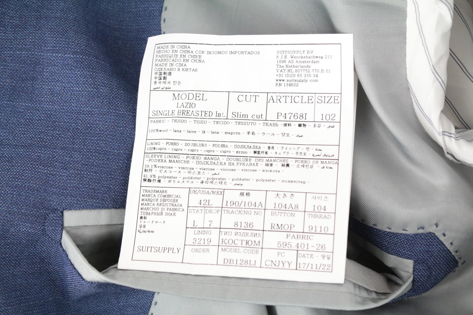 SUITSUPPLY Lazio UK42L Men Blazer Blue Melange Pure Wool S110s Slim Cut Classic