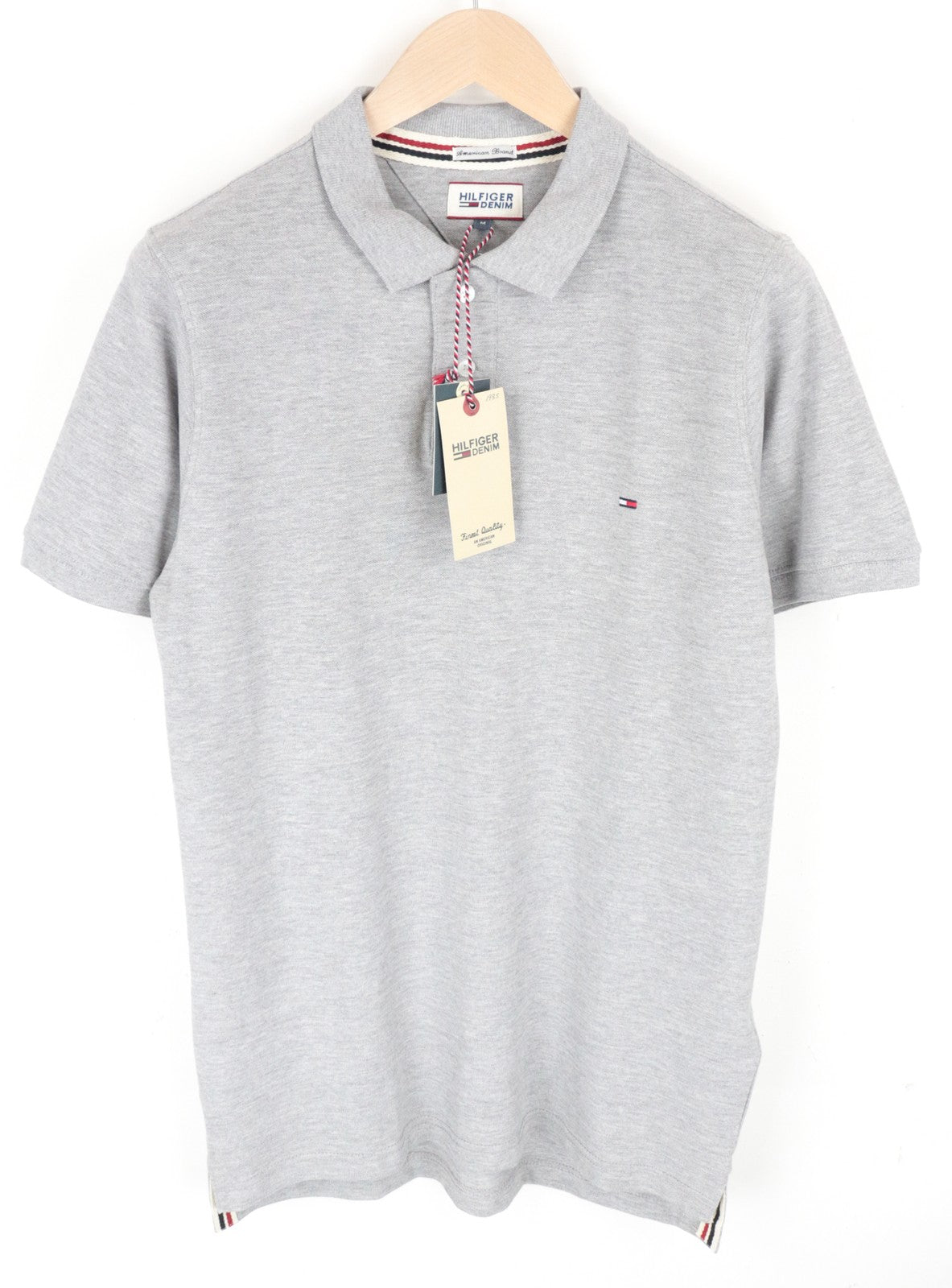 TOMMY HILFIGER M Men T-Shirt Light Grey Melange Classic Polo Neck Jersey Cotton
