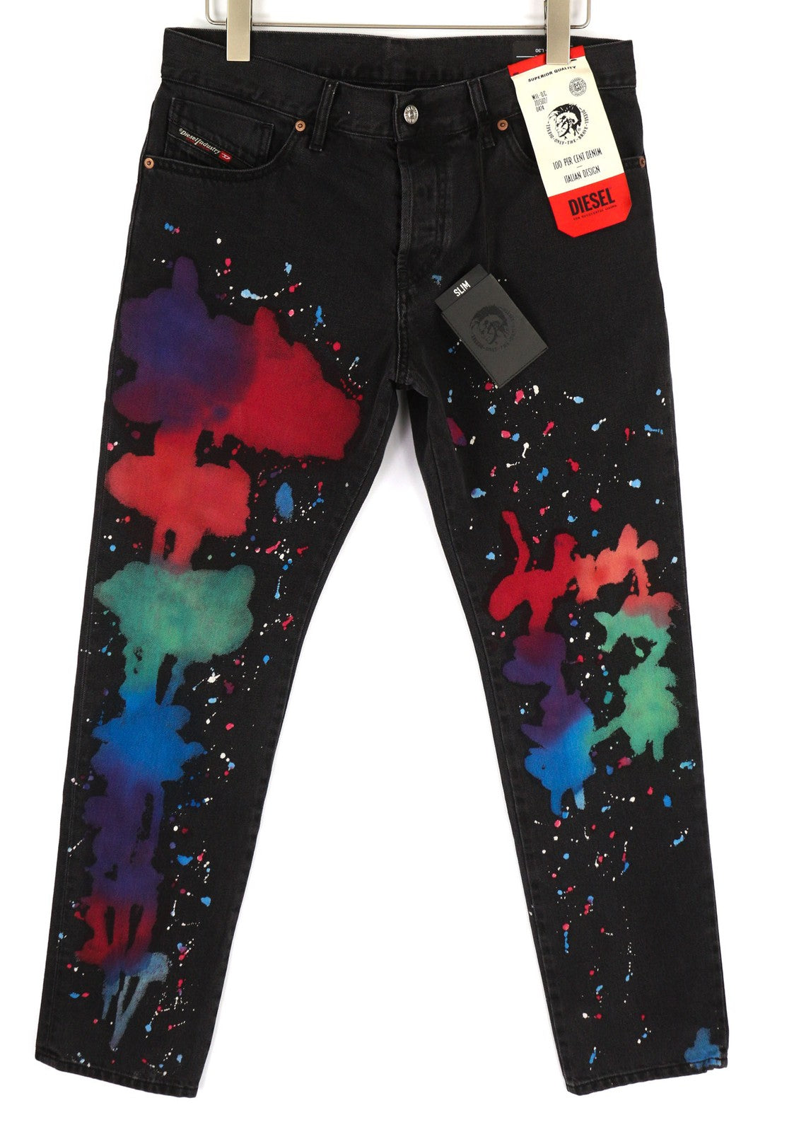 DIESEL D-Kras 009QV Mens Jeans W32/L30 Black Slim  Art Paint Buttoned RRP€420