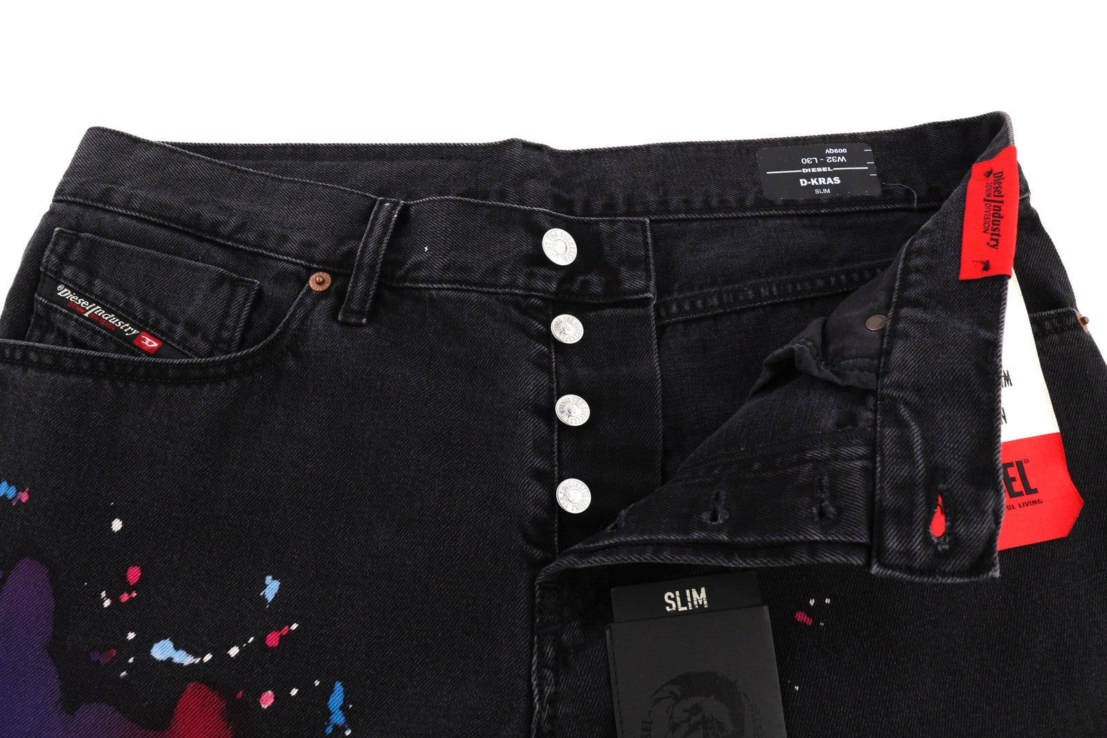 DIESEL D-Kras 009QV Mens Jeans W32/L30 Black Slim  Art Paint Buttoned RRP€420