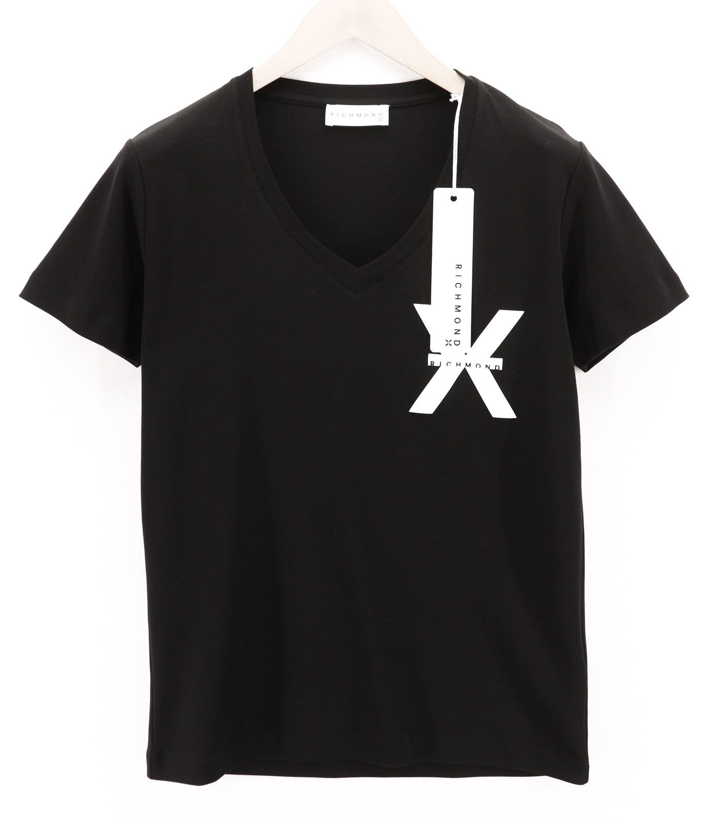 RICHMOND Womens T-Shirt S Black Short Sleeve V-Neck  Print  All Seasons