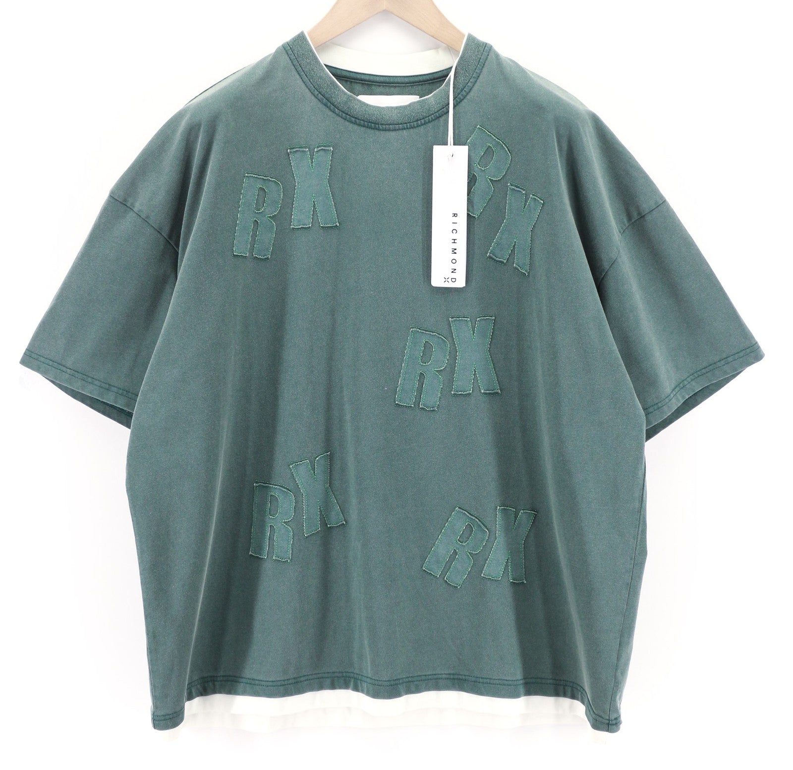 JOHN RICHMOND Mens T-Shirt L Green Crew Neck Short Sleeve Oversized Patch