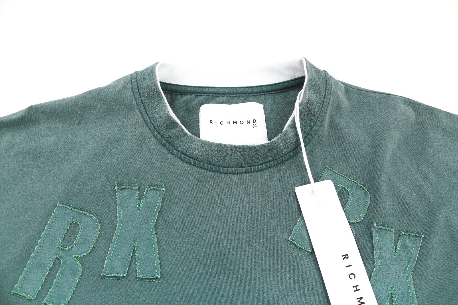 JOHN RICHMOND Mens T-Shirt L Green Crew Neck Short Sleeve Oversized Patch