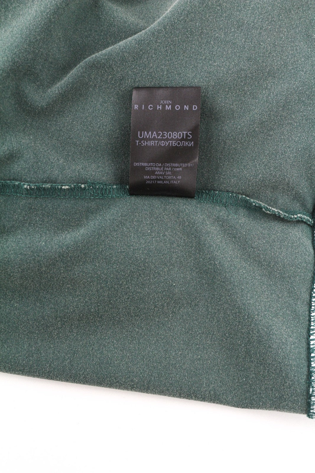 JOHN RICHMOND Mens T-Shirt L Green Crew Neck Short Sleeve Oversized Patch