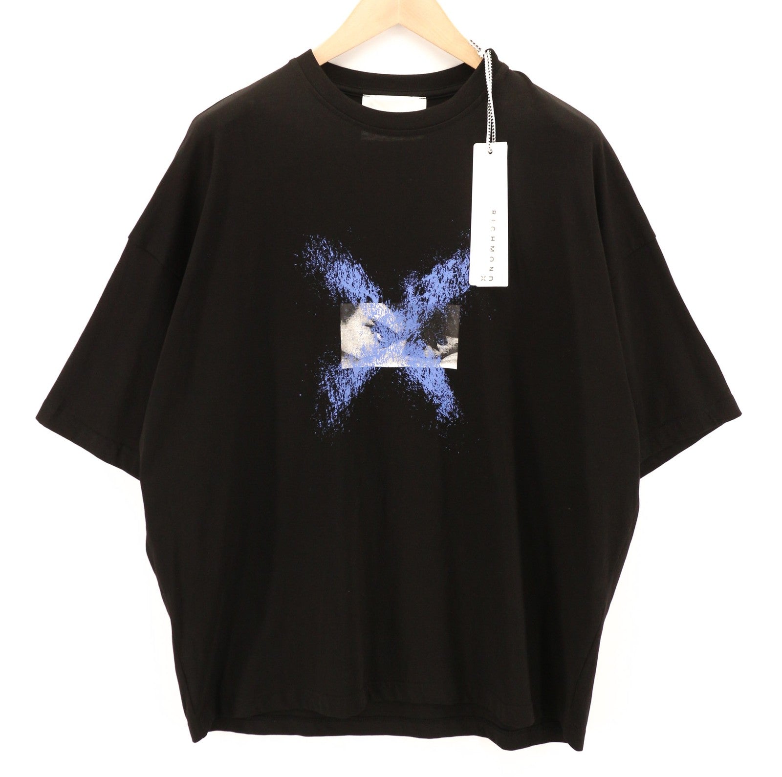 JOHN RICHMOND Mens T-Shirt M Black Oversized Loose Crew Stretch Short Sleeve