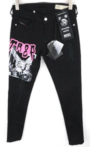 DIESEL Slandy-SP5 069KX W28/L32 Women Jeans Black Stretch Super Skinny Drawings