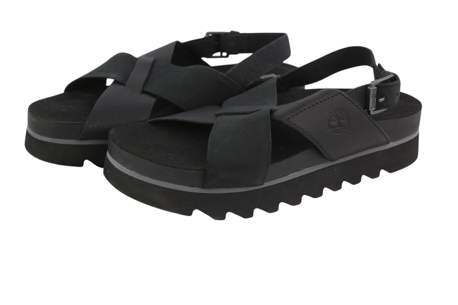 TIMBERLAND A23FE Women Sandals EU39 Black Leather Platform Soles Buckle Logo