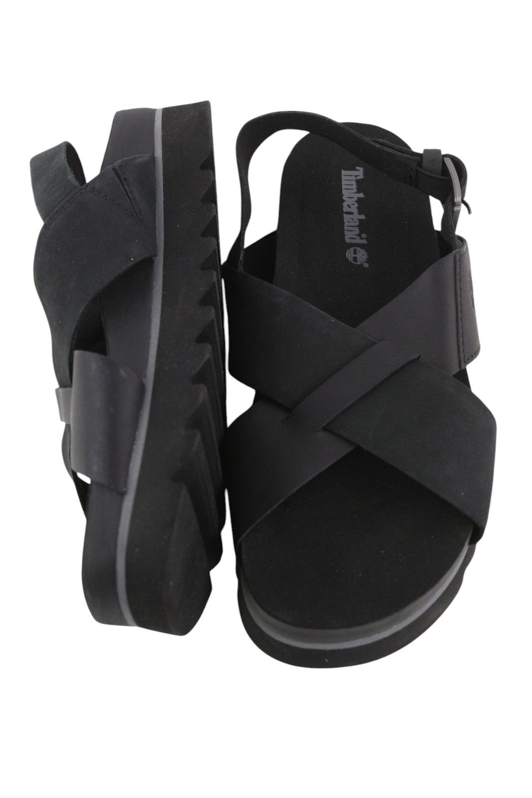 TIMBERLAND A23FE Women Sandals EU39 Black Leather Platform Soles Buckle Logo