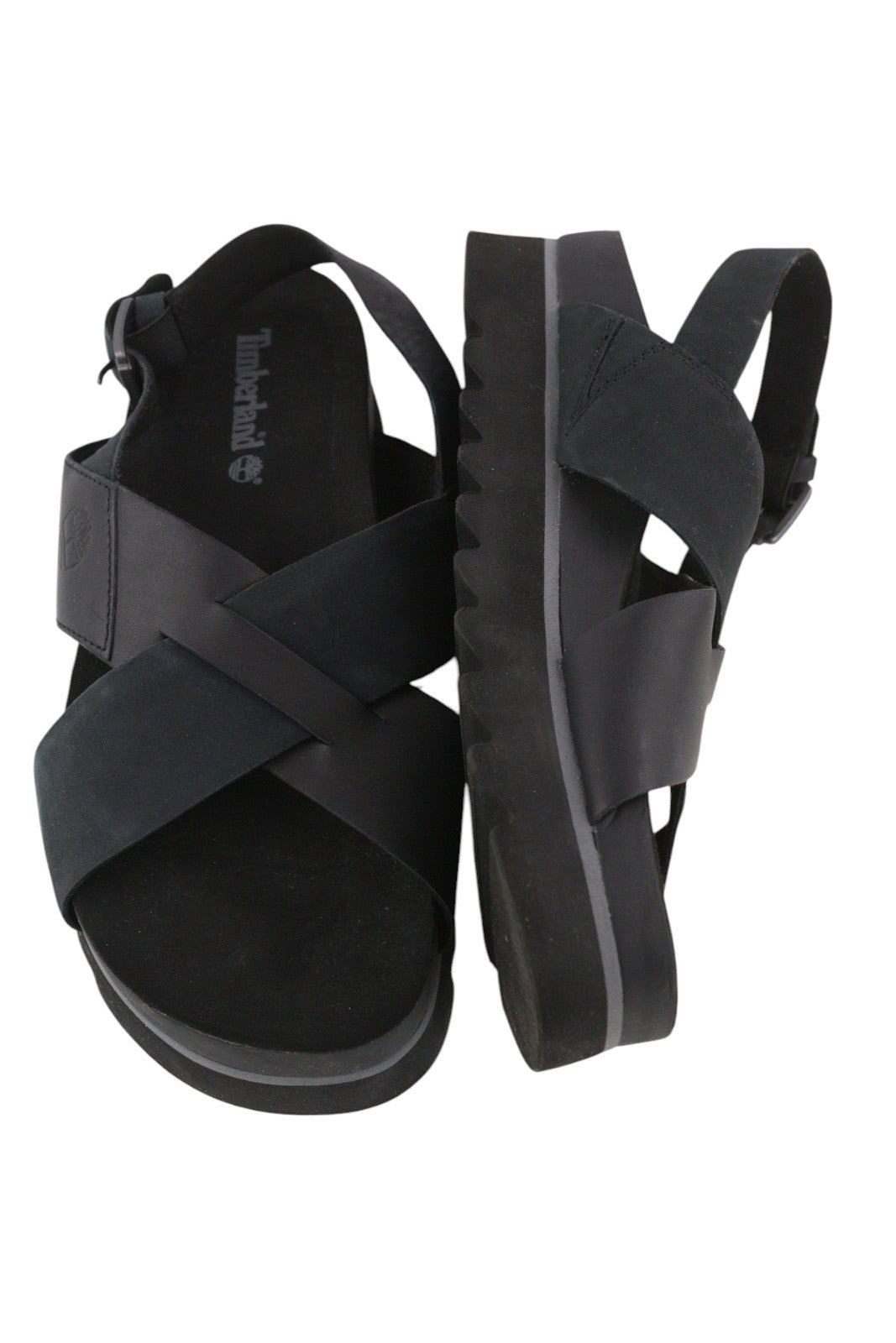 TIMBERLAND A23FE Women Sandals EU39 Black Leather Platform Soles Buckle Logo