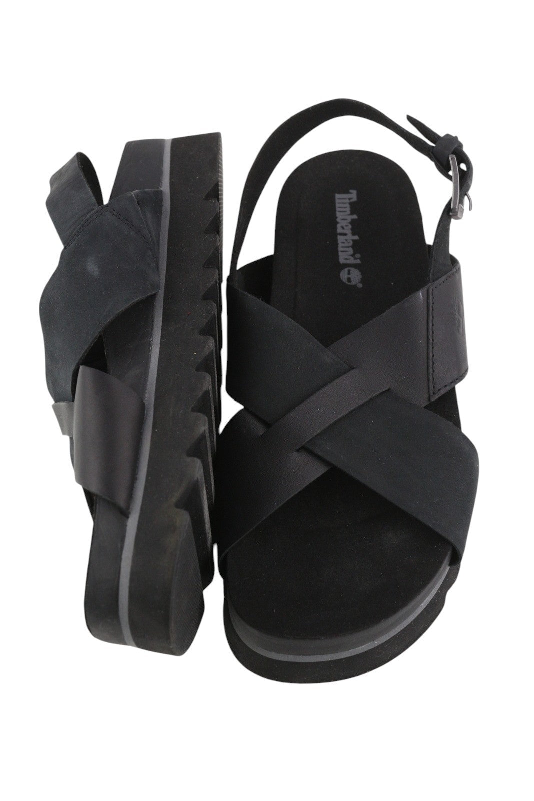 TIMBERLAND A23FE Women Sandals EU39 Black Leather Platform Soles Buckle Logo