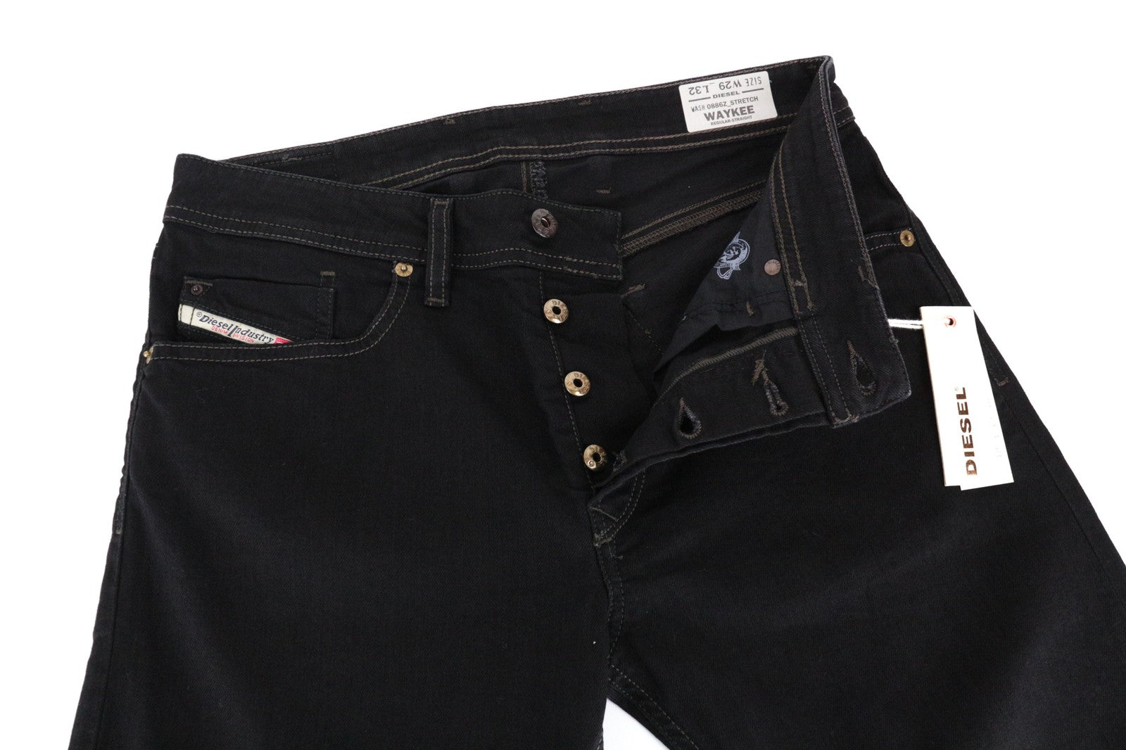 DIESEL Waykee 0886Z W29/L32 Men Jeans Straight Fit Stretchy Black Plain Denim