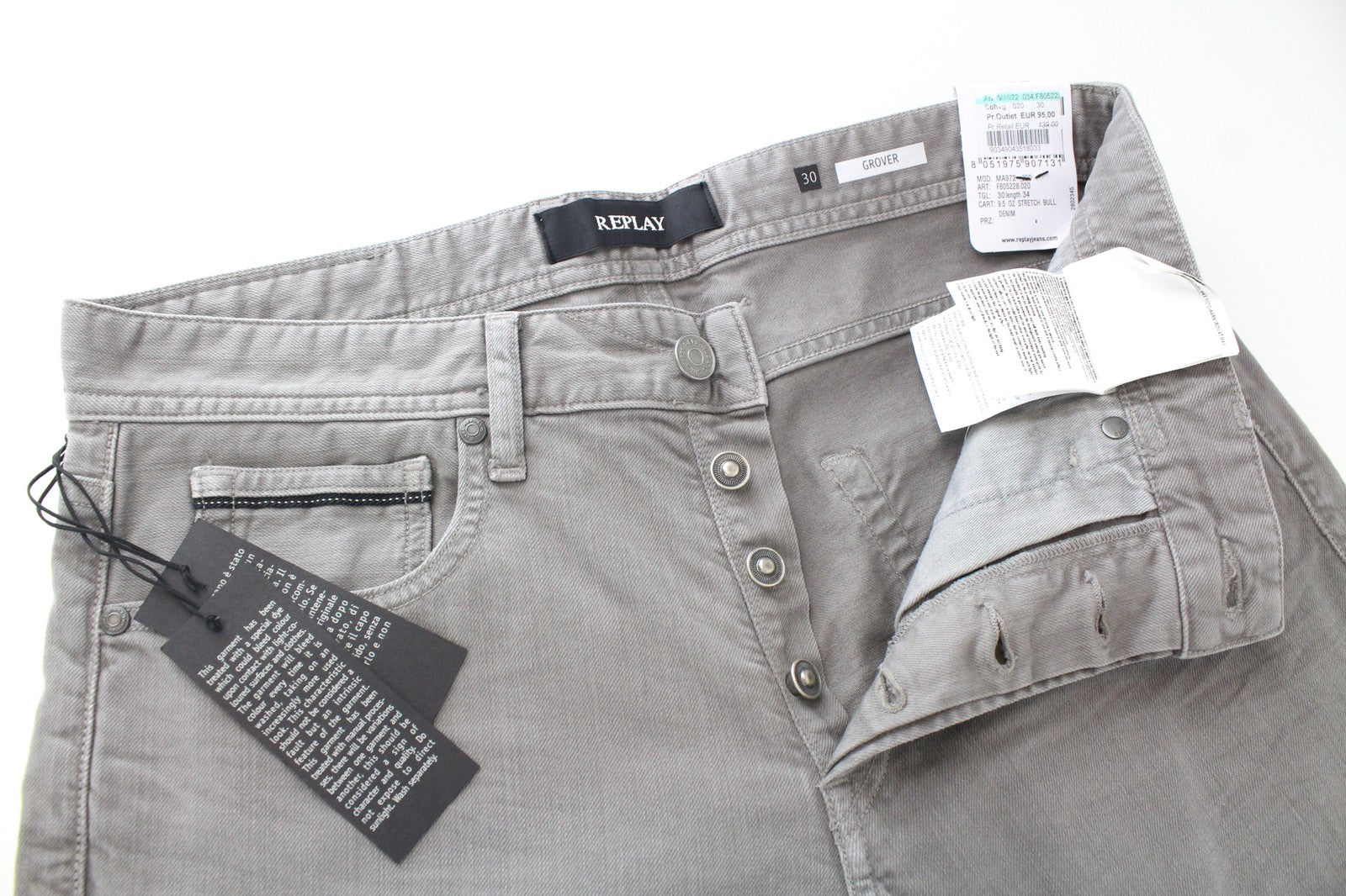 REPLAY Grover Men's Jeans W30/L34 Denim Button-Fly Straight Fit Grey Stretch