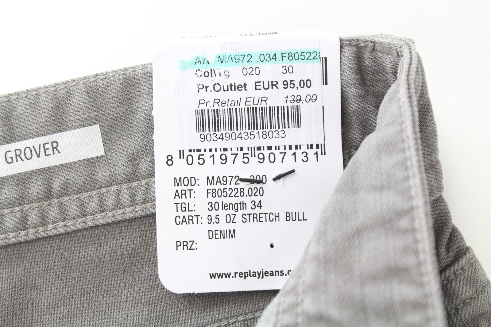 REPLAY Grover Men's Jeans W30/L34 Denim Button-Fly Straight Fit Grey Stretch