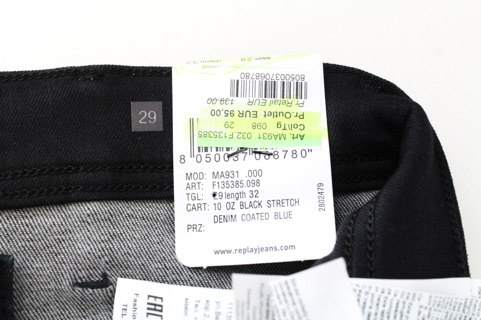 REPLAY Jondrill Men's Jeans W29/L32 Skinny Fit Coated Black Blue Stretch Denim