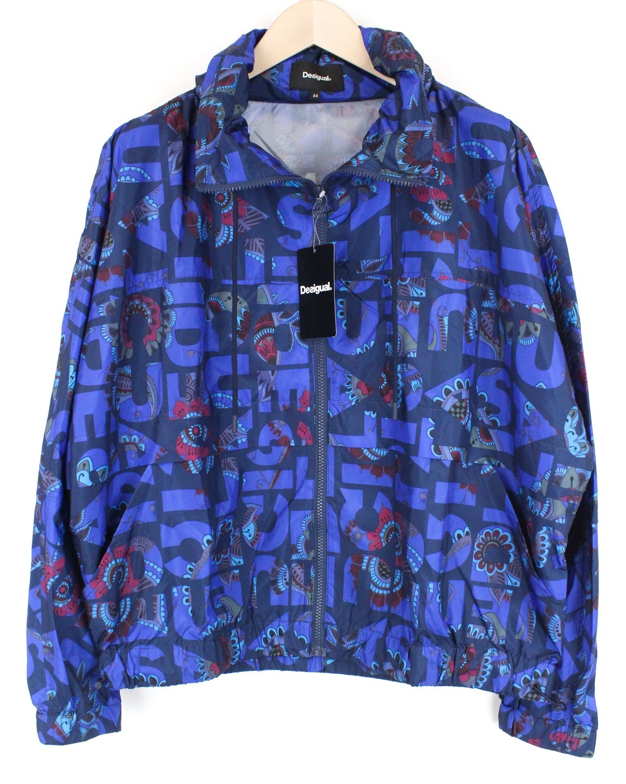 DESIGUAL Chaq Lex Women's Jacket 44 Abstract Print Blue Hidden Hood Short Logo