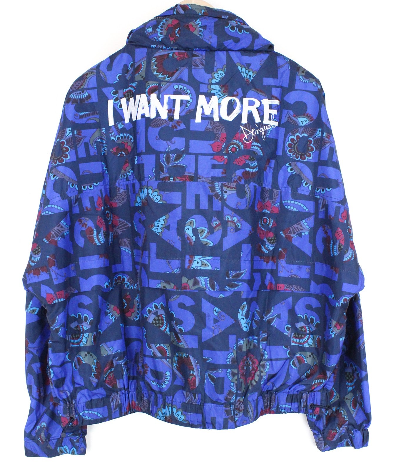 DESIGUAL Chaq Lex Women's Jacket 44 Abstract Print Blue Hidden Hood Short Logo