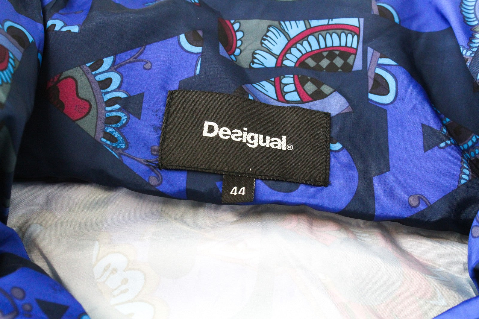 DESIGUAL Chaq Lex Women's Jacket 44 Abstract Print Blue Hidden Hood Short Logo