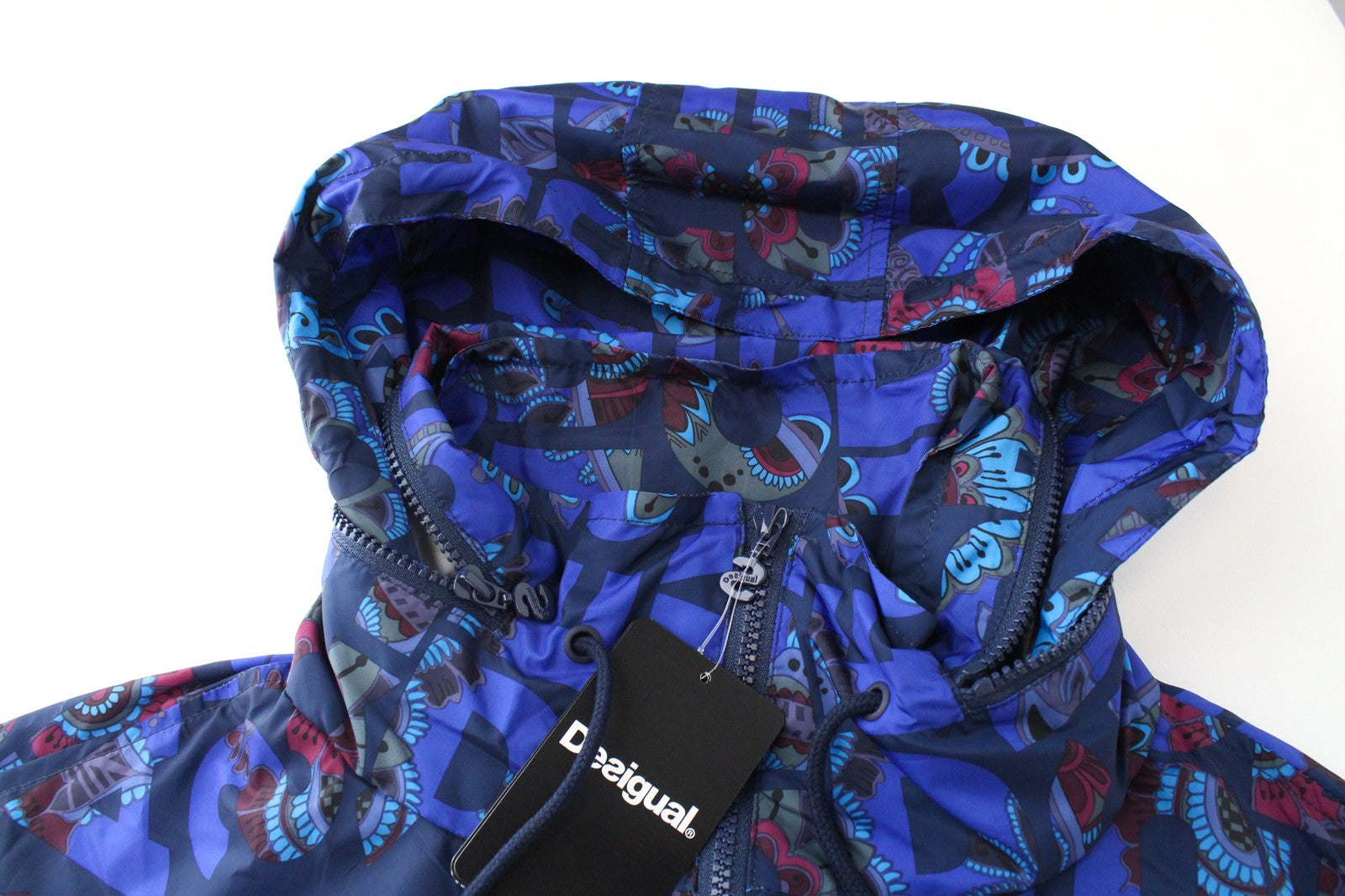 DESIGUAL Chaq Lex Women's Jacket 44 Abstract Pattern Blue Hidden Hood Short Logo