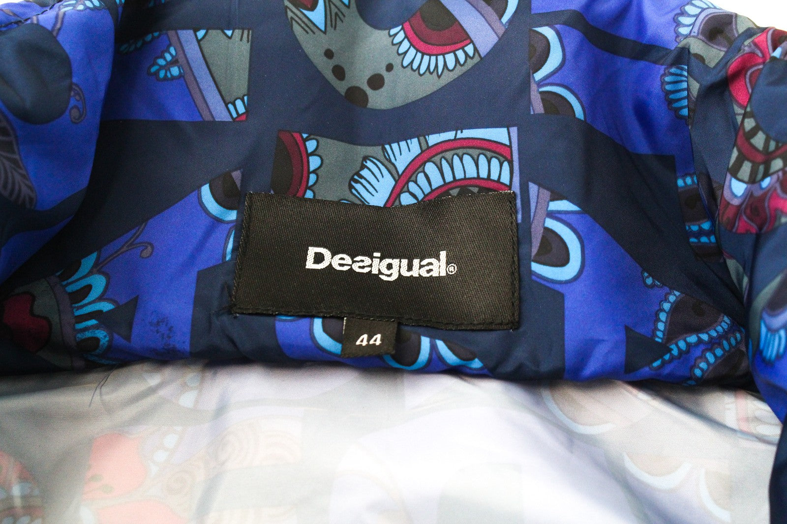 DESIGUAL Chaq Lex Women's Jacket 44 Abstract Pattern Blue Hidden Hood Short Logo