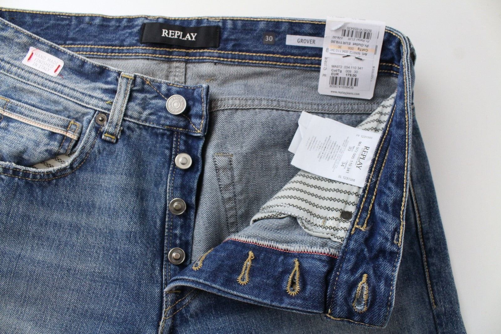 REPLAY Grover Mens Jeans W30/L34 Blue Straight   Washed Buttoned