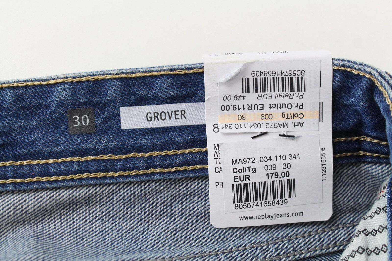 REPLAY Grover Mens Jeans W30/L34 Blue Straight   Washed Buttoned