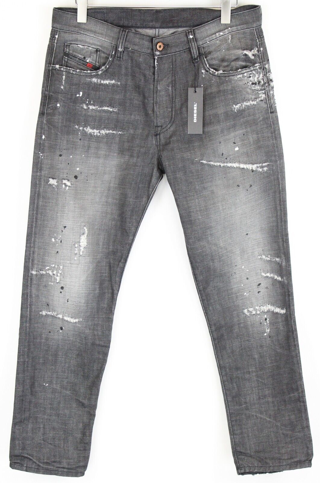 DIESEL Mharky 083AB vyriški džinsai W34 pilki, dirbtinai sendinti, ploni, su sagomis 