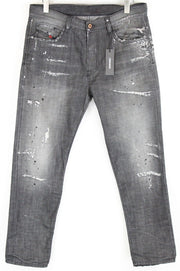 DIESEL Mharky 083AB vyriški džinsai W34 pilki, dirbtinai sendinti, ploni, su sagomis 