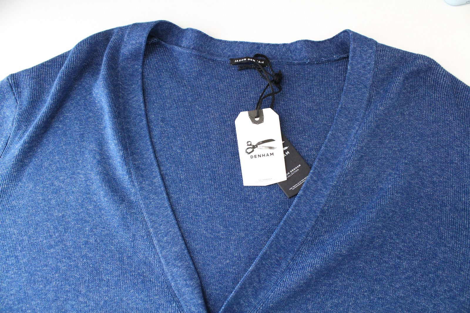 DENHAM Sheffield Men's Sweatshirt 2XL Tight-Knit Blue Pure Cotton Cardigan