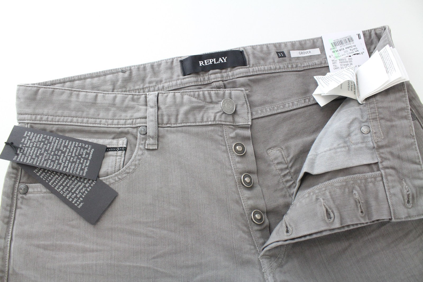 REPLAY Grover Men's Jeans W31/L34 Denim Stretch Button-Fly Straight Fit Grey