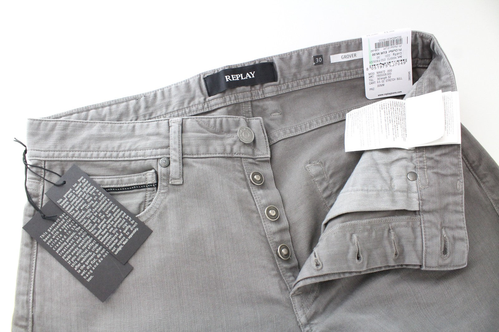 REPLAY Grover Men's Jeans W30/L32 Straight Fit Grey Stretch Bull Button-Fly
