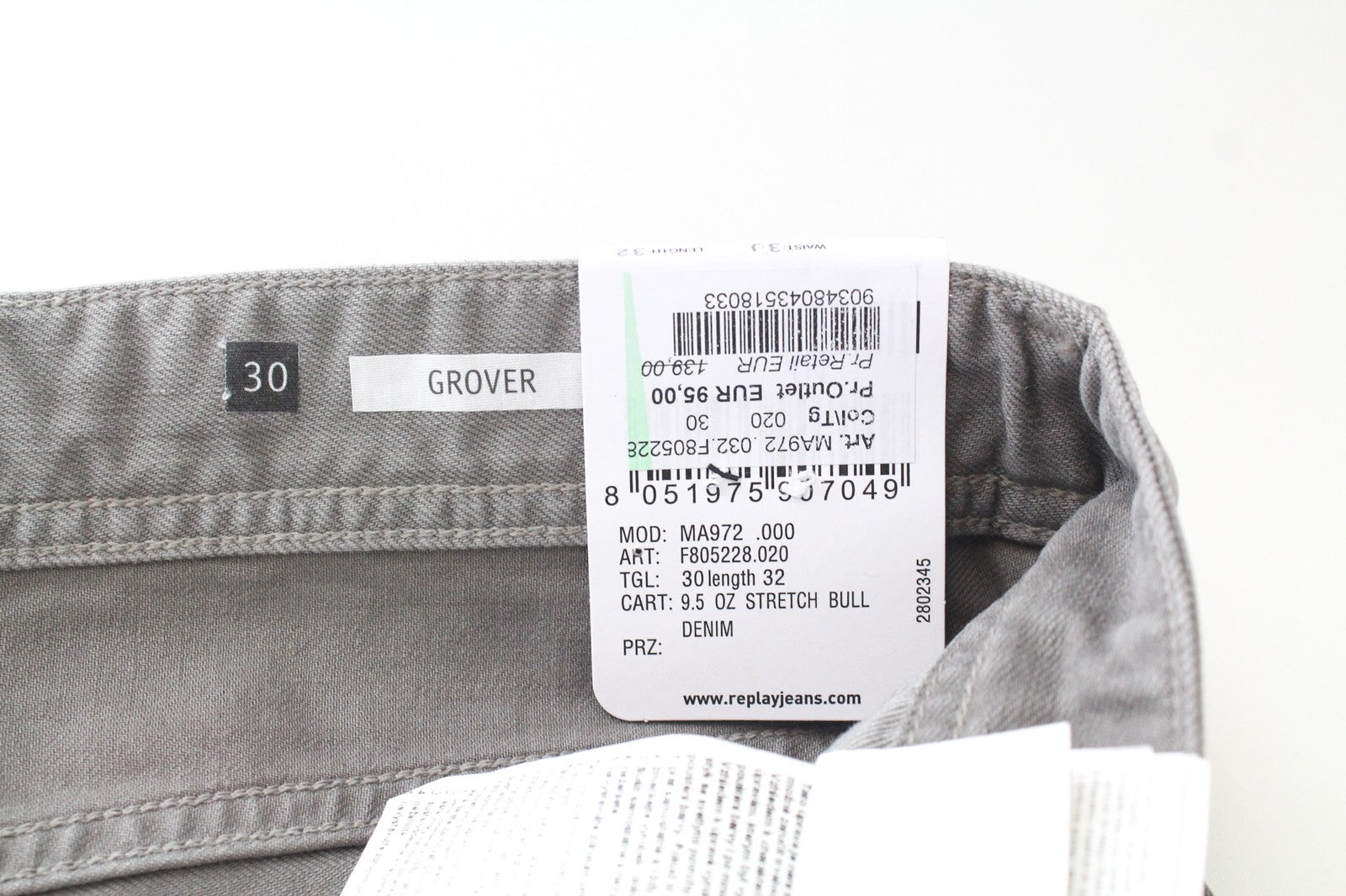 REPLAY Grover Men's Jeans W30/L32 Straight Fit Grey Stretch Bull Button-Fly