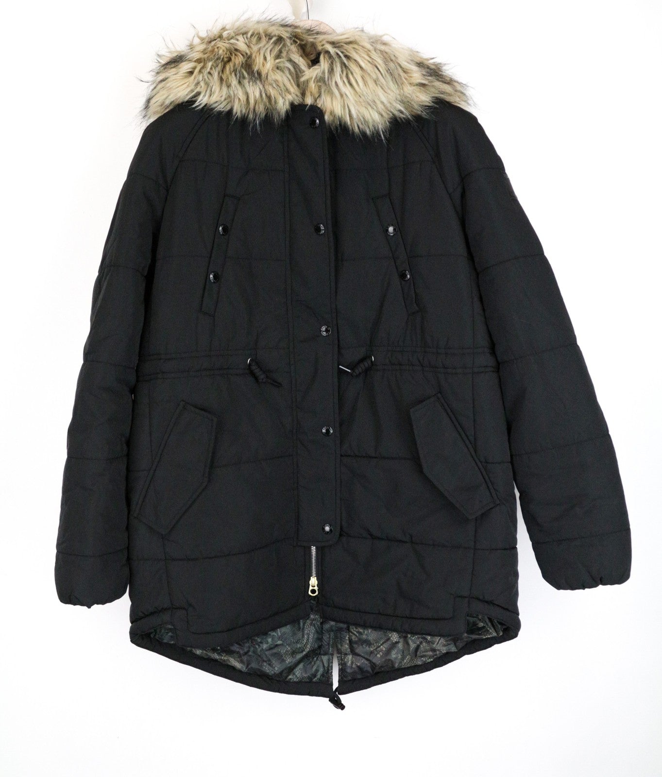 REPLAY Women's Jacket S Faux Fur Hooded Padded Quilted Mid-Length Pocketed Black