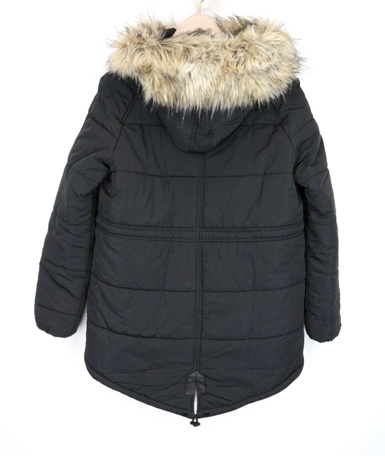REPLAY Women's Jacket S Faux Fur Hooded Padded Quilted Mid-Length Pocketed Black