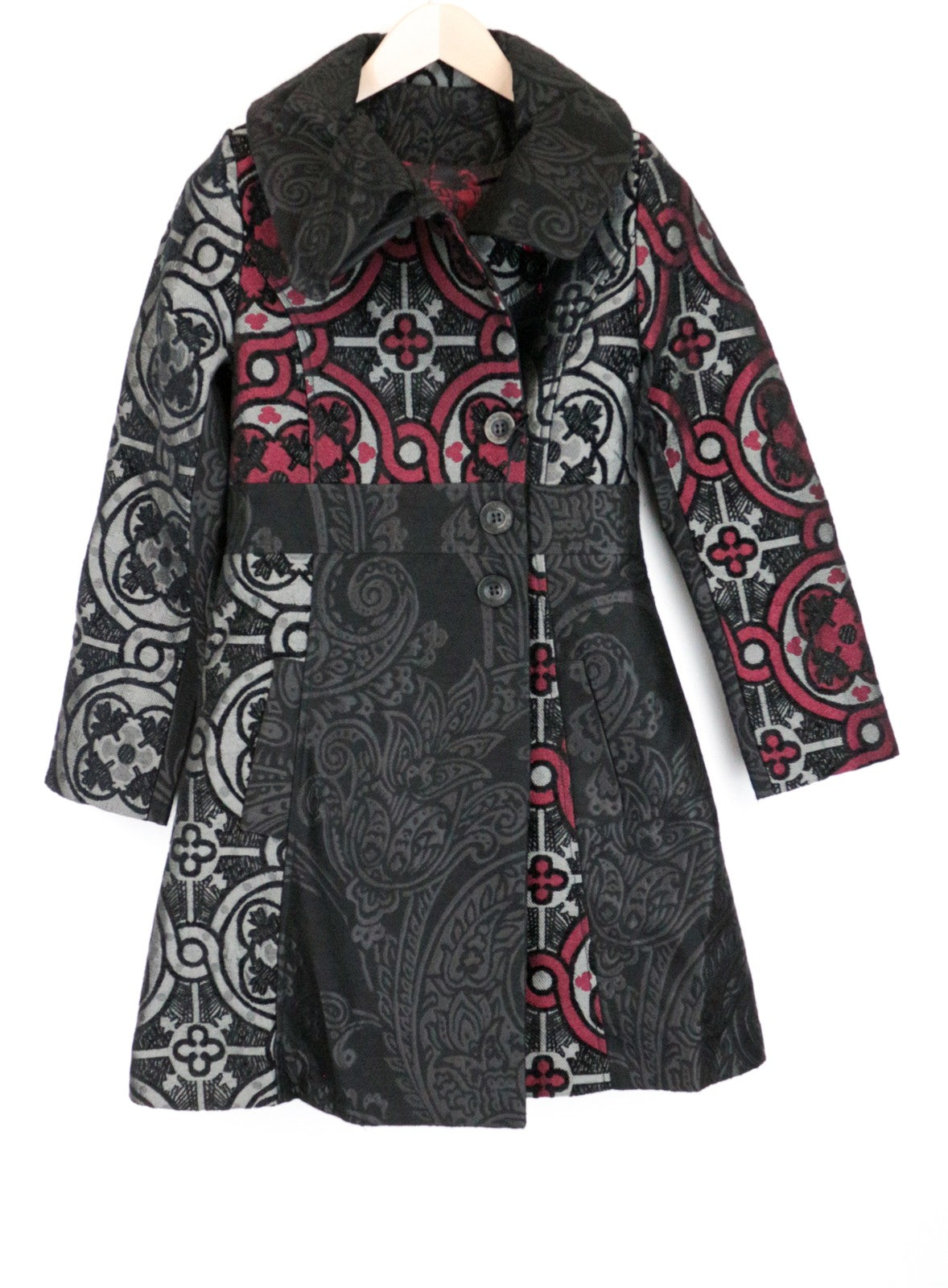 DESIGUAL Abrig Tauro Women's Coat ~36 Abstract Print Mid-Length Double-Breasted
