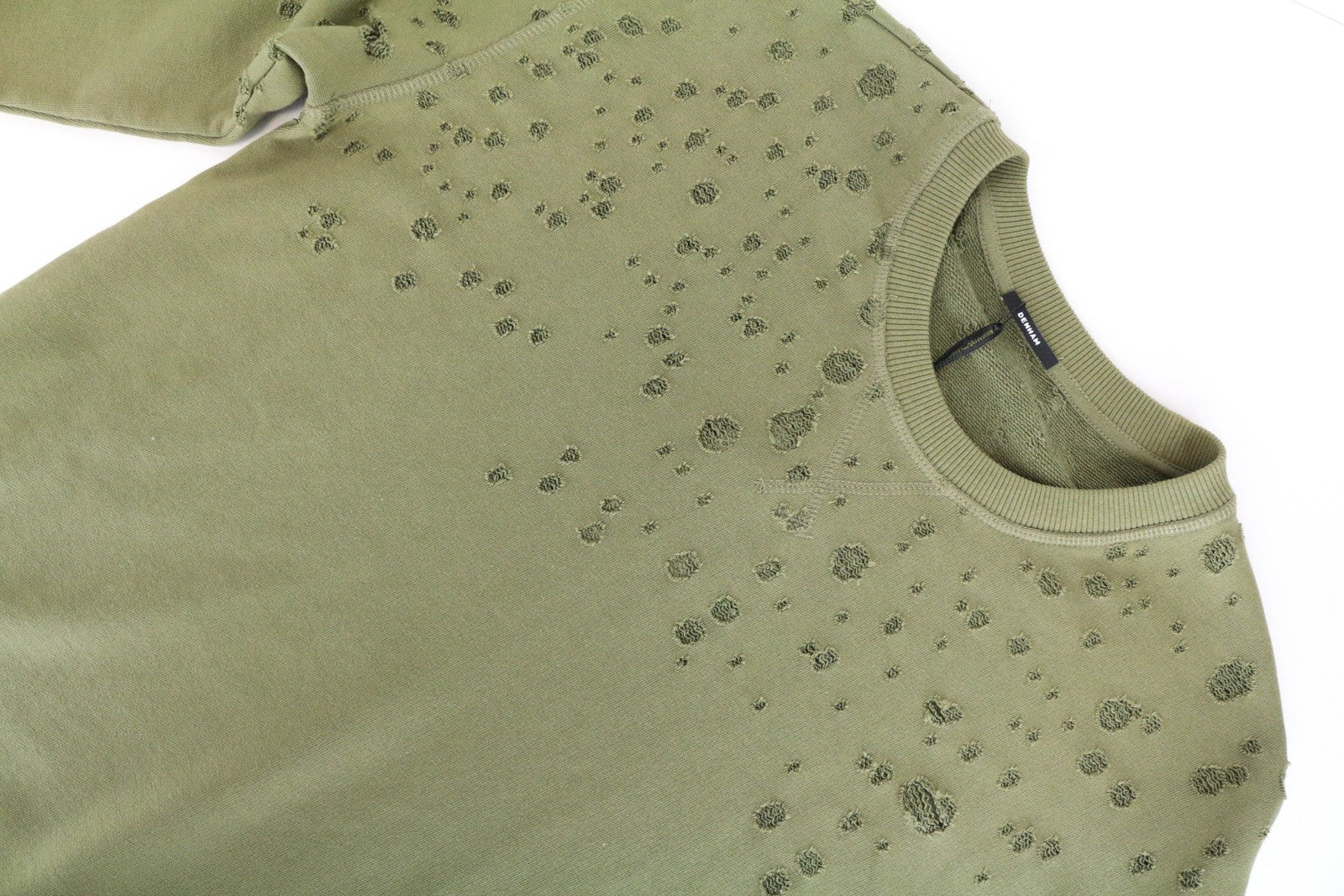 DENHAM Shadow Women's Sweatshirt M Distressed Khaki Green Long Sleeved Crew Neck