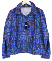 DESIGUAL Chaq Lex Women's Jacket 44 Short Logo Abstract Print Blue Hidden Hood
