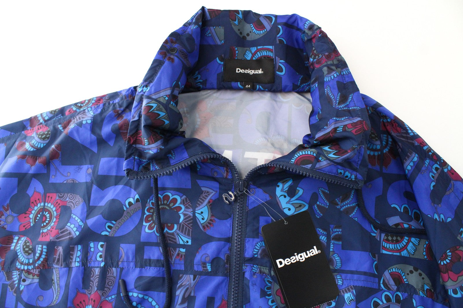 DESIGUAL Chaq Lex Women's Jacket 44 Short Logo Abstract Print Blue Hidden Hood